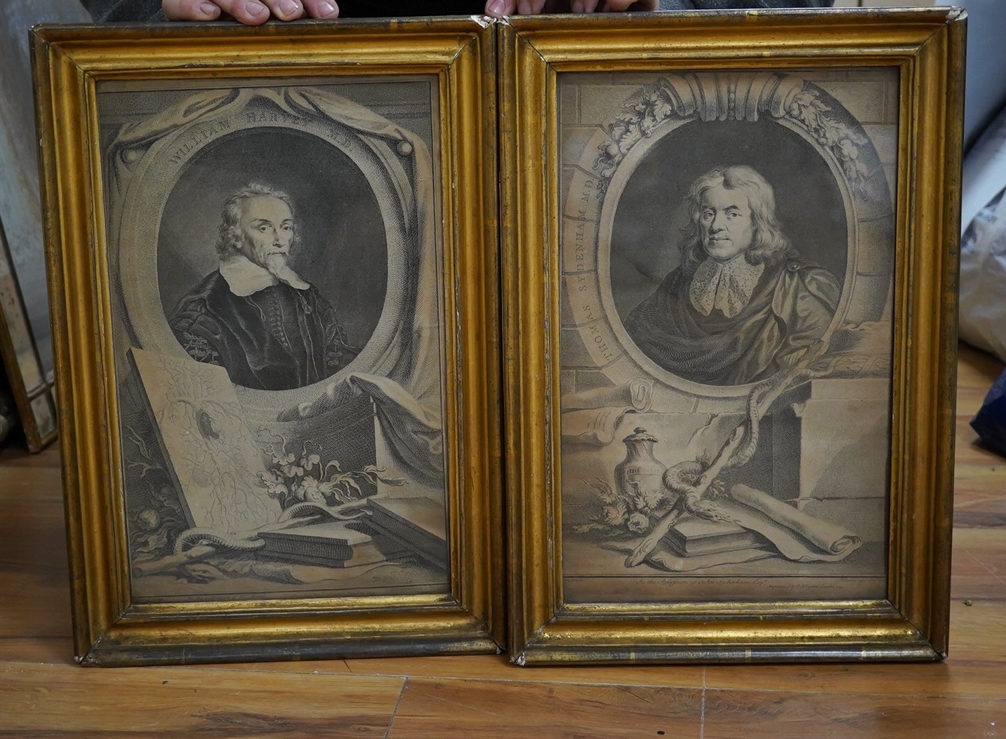 Two 18th century engravings, comprising after Peter Lely (1618-1680), Portrait of Thomas Sydenham, publ. London 1747 and another, Portrait of William Harvey, publ. London 1739, 37 x 23cm. Condition - poor